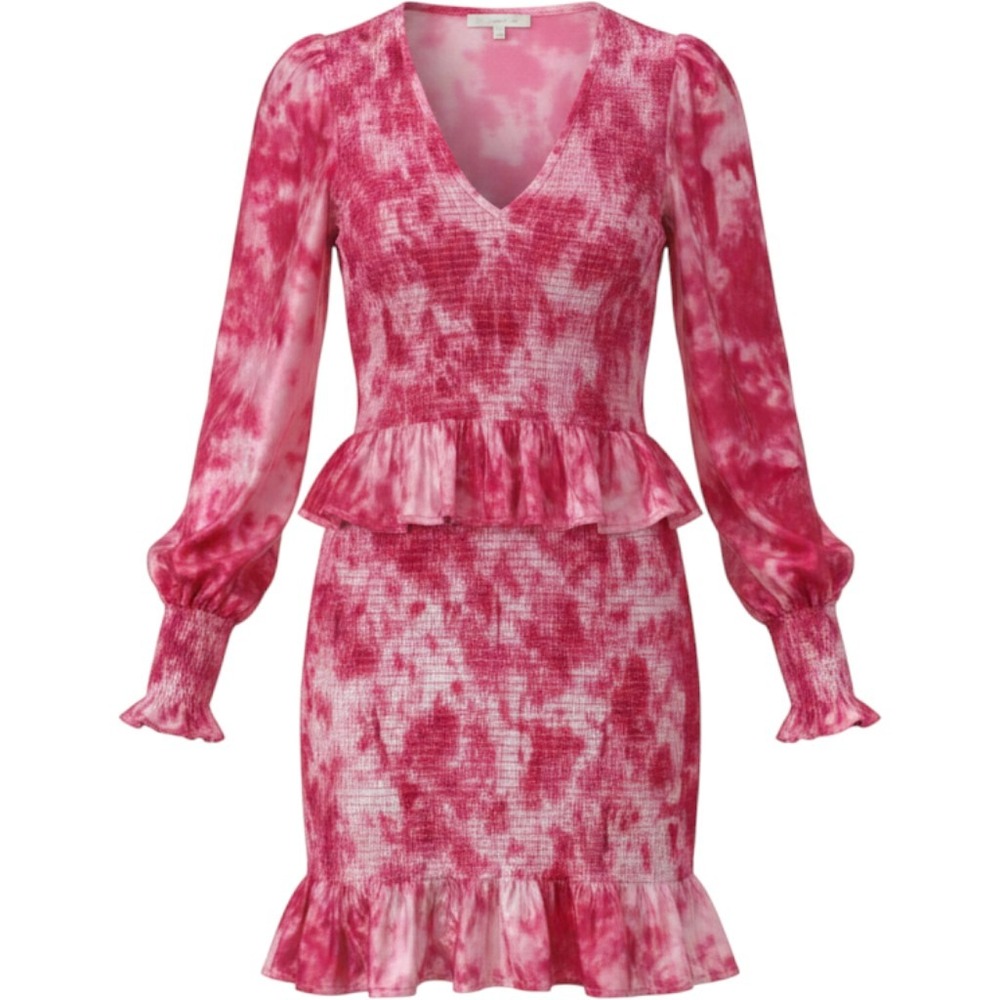 LoveShackFancy Pink‎ Tie Dye Velvet Smocked Mini Dress Long Sleeve Peplum Small